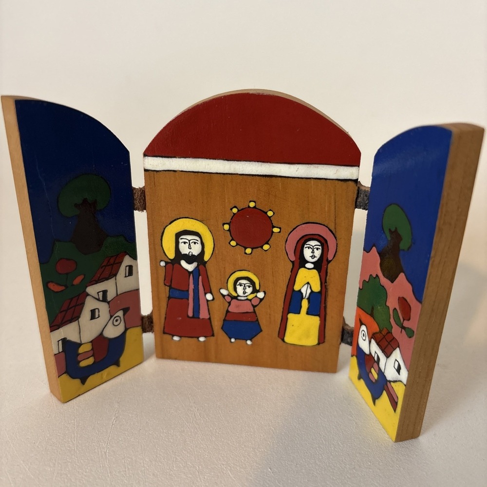 Vtg El Salvador Folk Art Wood Christmas Nativity Scene Triptych shelf Decoration